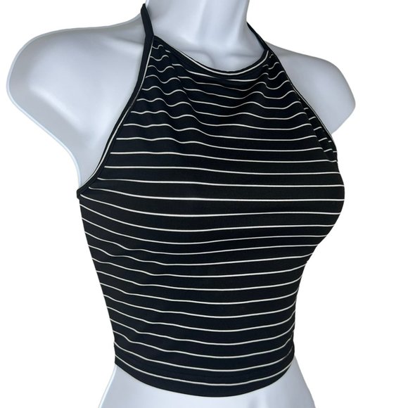 Shein Black White Stripes Halter Crop Top Tie Back Women's One Size - Picture 2 of 8